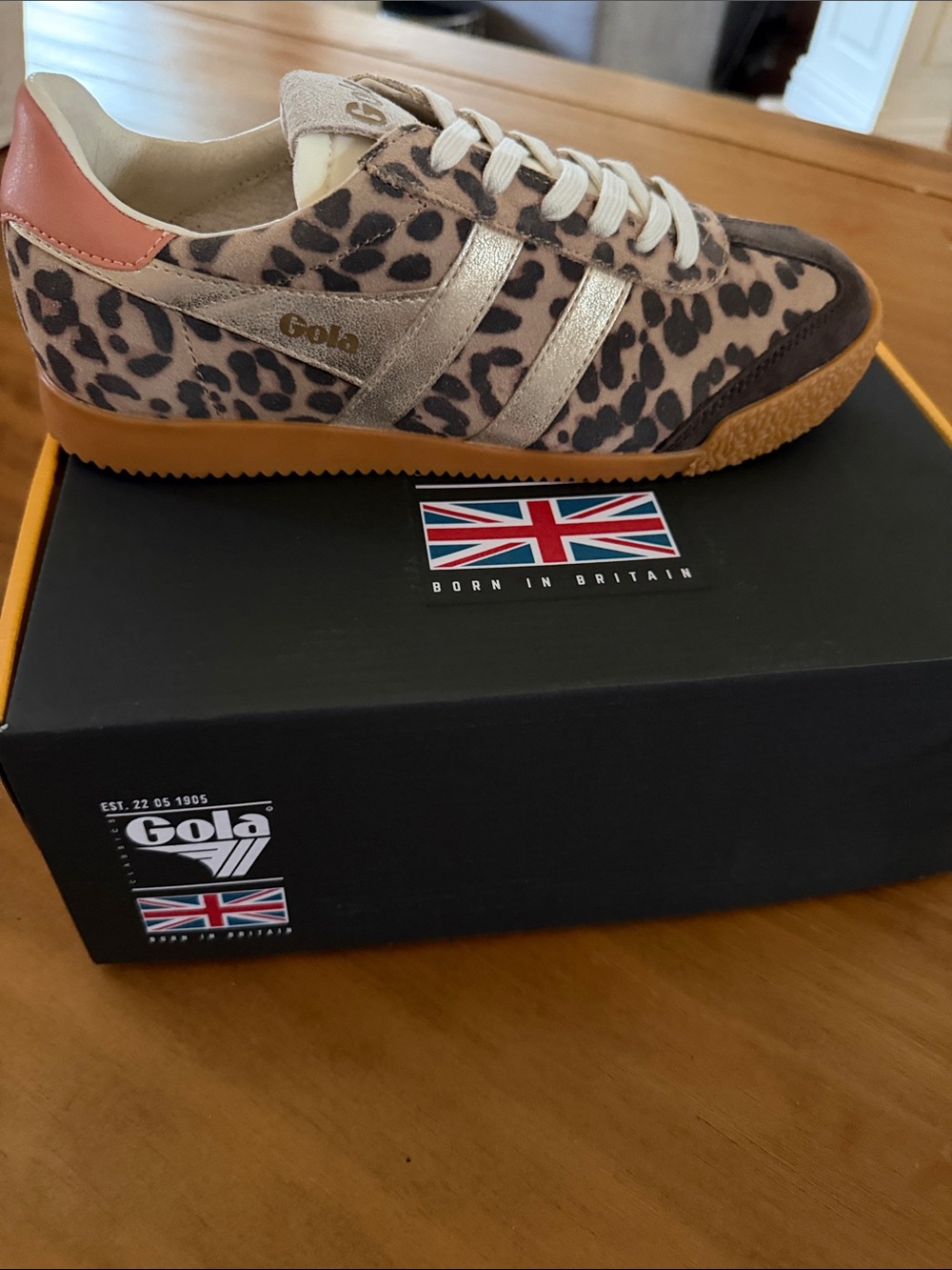 Gola Leopard Print Sneakers with Gold Stripes and Pink Heel 7